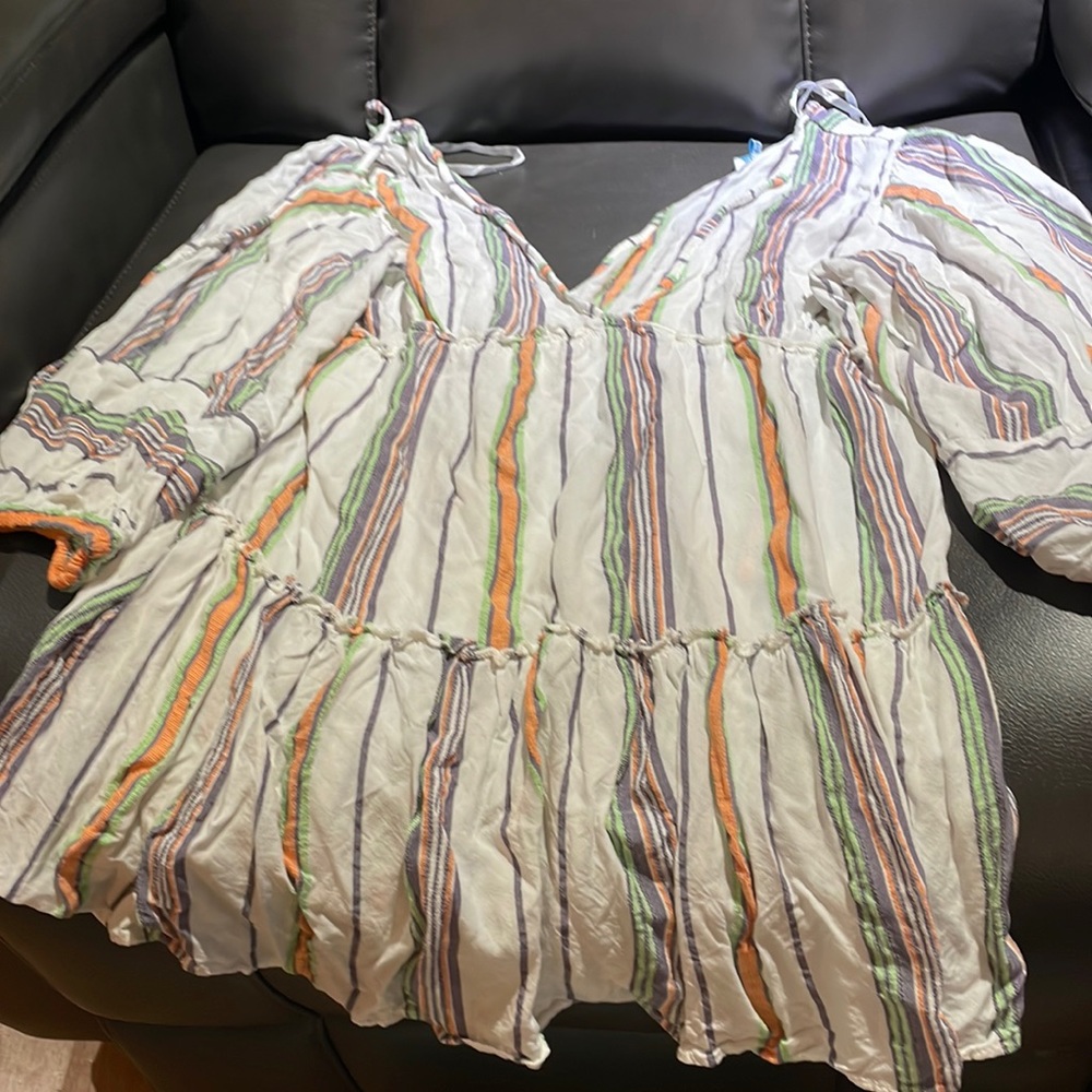 Orange green white stripe beach cover up dress long sleeve size small